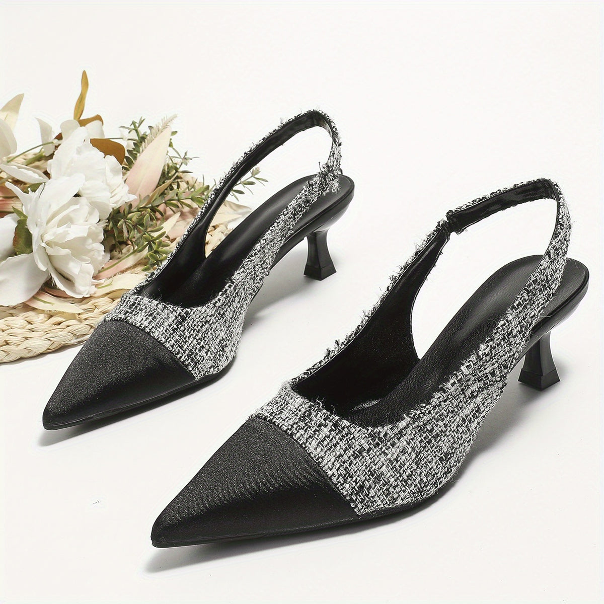 Women's Cap Toe Kitten Heels Pointed Toe Tweed Slip On Slingback Low Heels