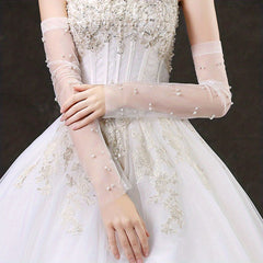 Mesh Long Gloves Faux Pearl Bridal Wedding Dress Gloves
