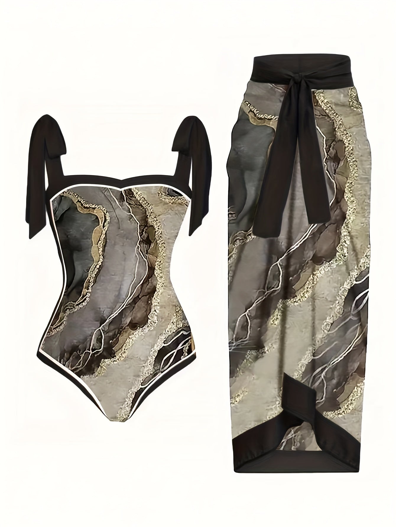  Marble Print Tankini Set One Piece Swimsuit & Skirt Two Piece Bathing