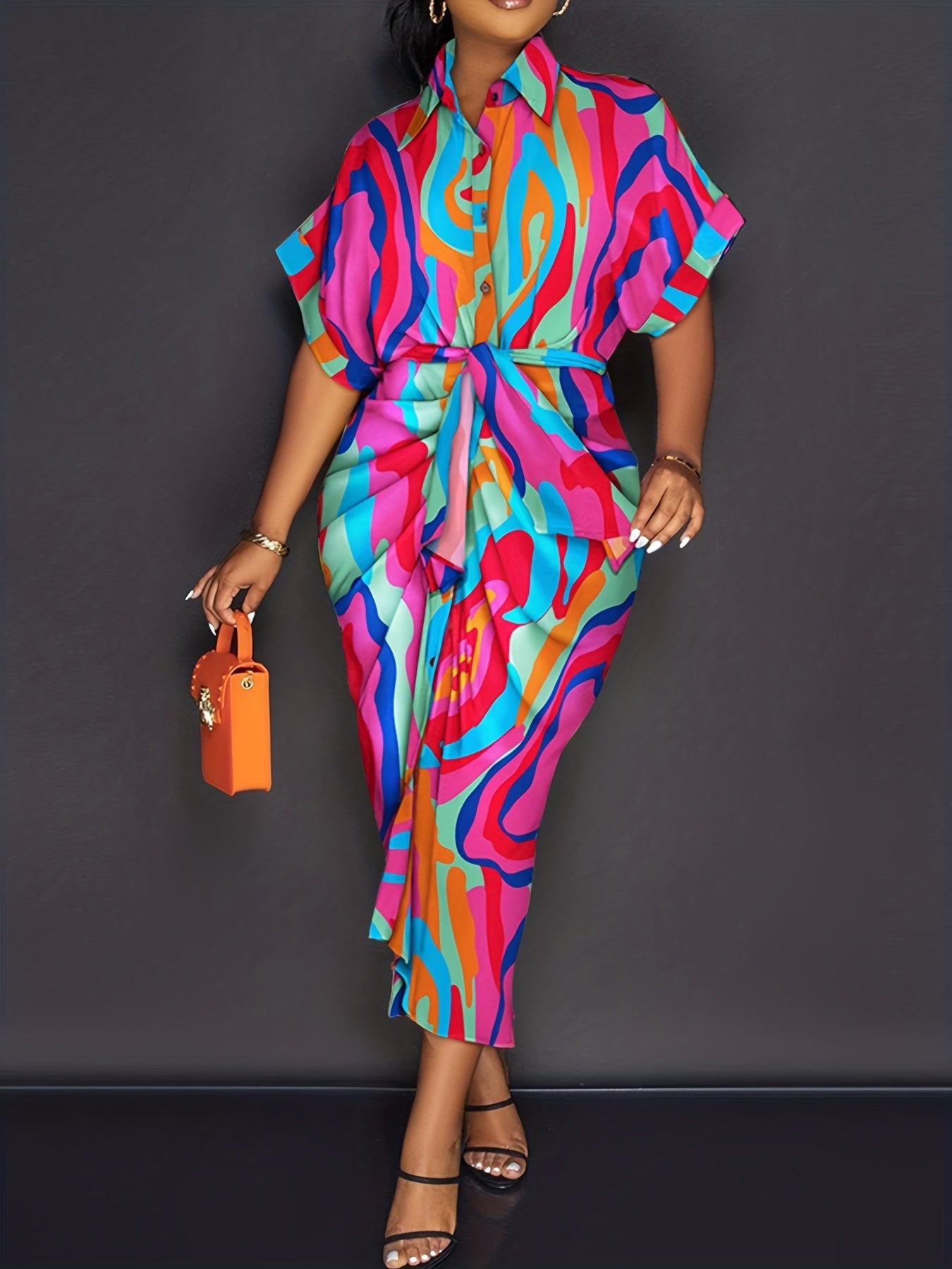  Abstract Print Polo Neck Shirt Dress With Pockets