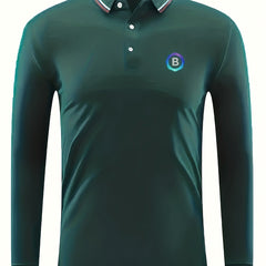 Men's B Print Polo Shirt Casual Slightly Stretch Breathable Button