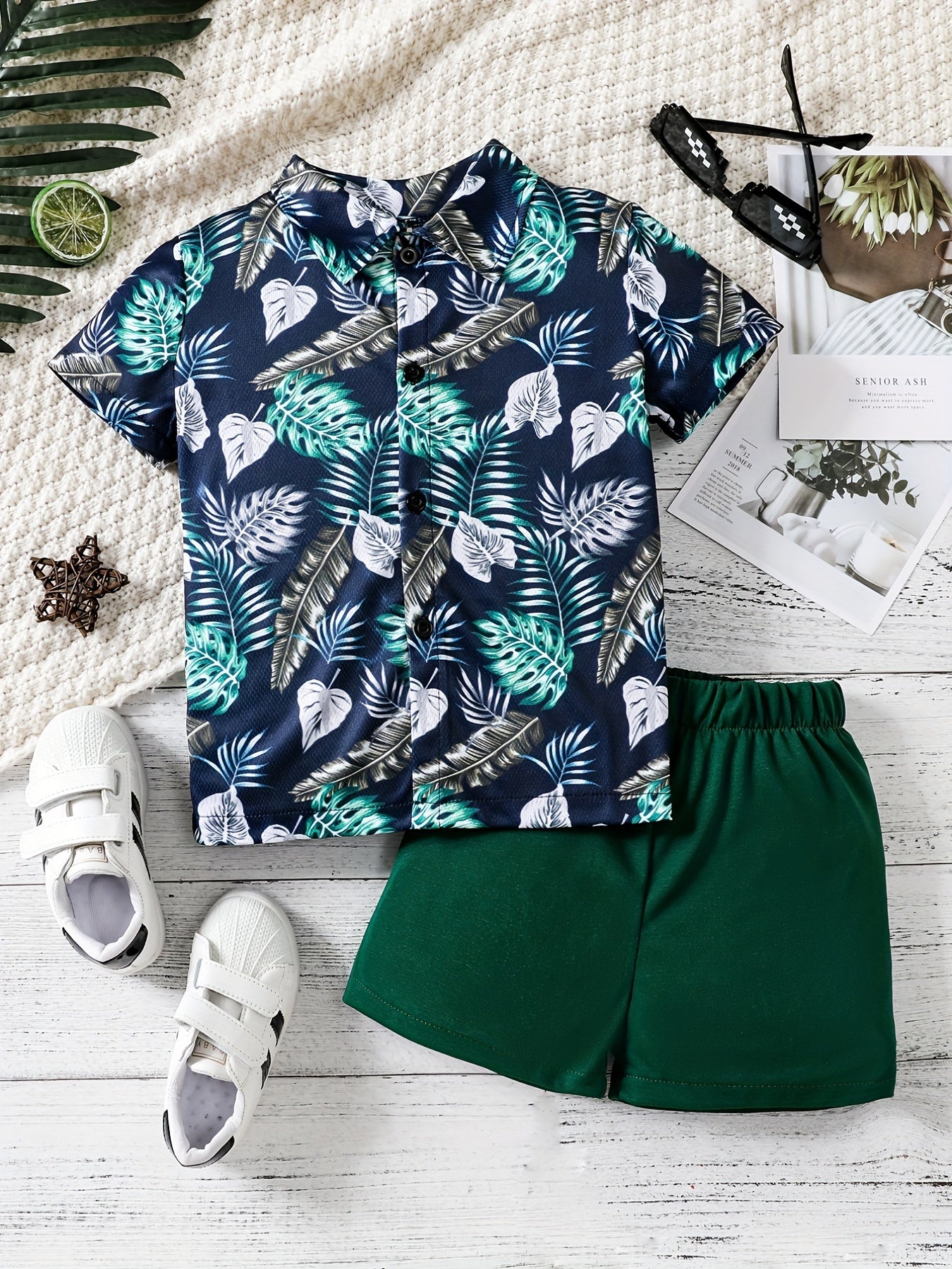 Boys Leaf Print Casual Outfit Shirt & Shorts Set