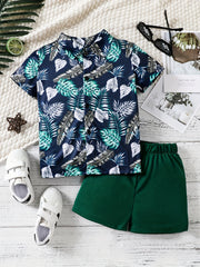 Boys Leaf Print Casual Outfit Shirt & Shorts Set