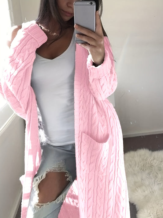  Solid Jacquard Open Front Cardigan With Pockets