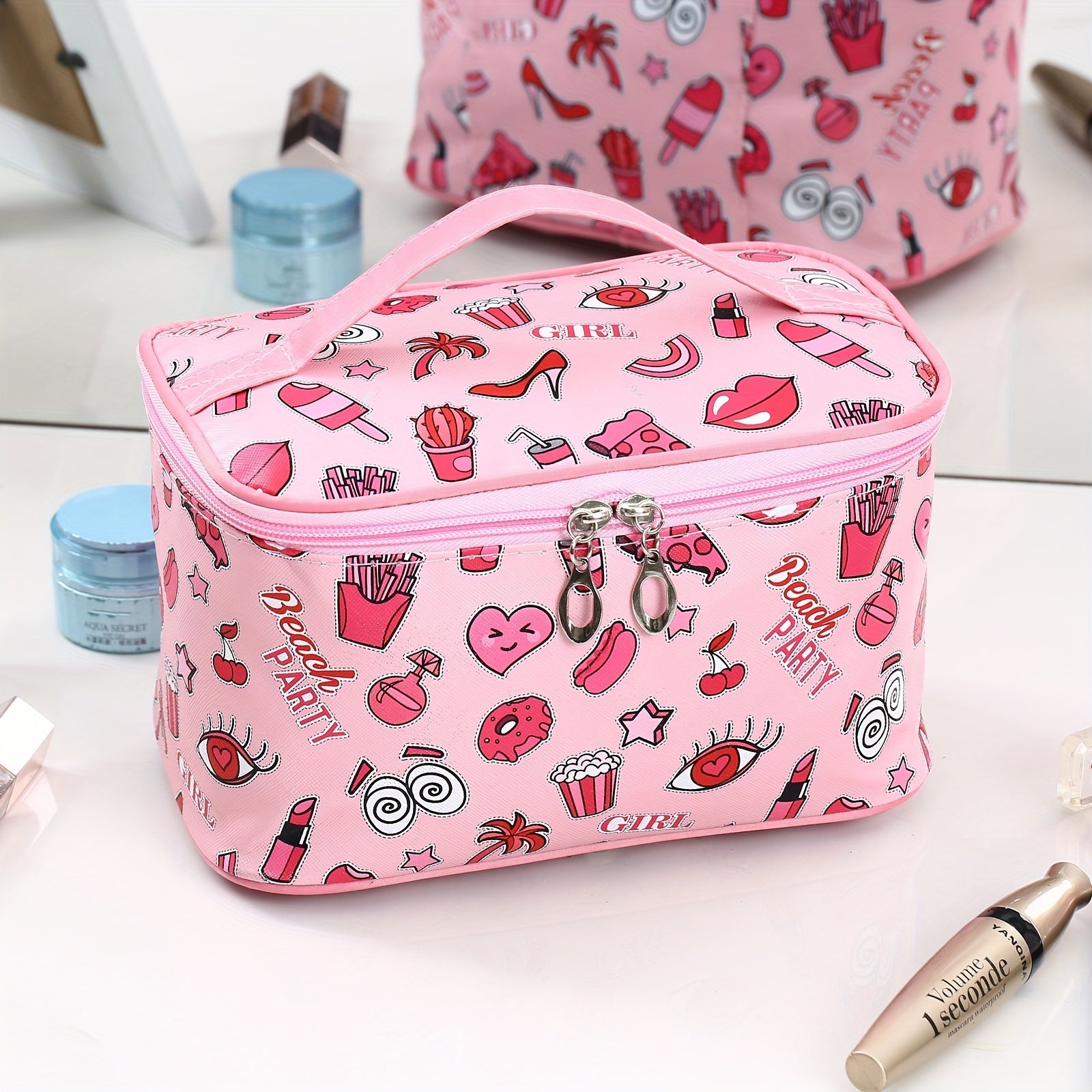 Cartoon Printed Cube Travel Cosmetics Wash Bag PU Portable Storage Bag