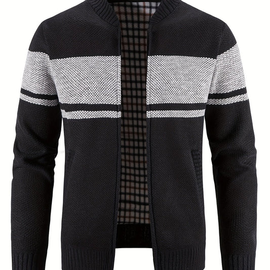Men's Block Fleece Jacket Baseball Collar Zip Up Knitted Cardigan