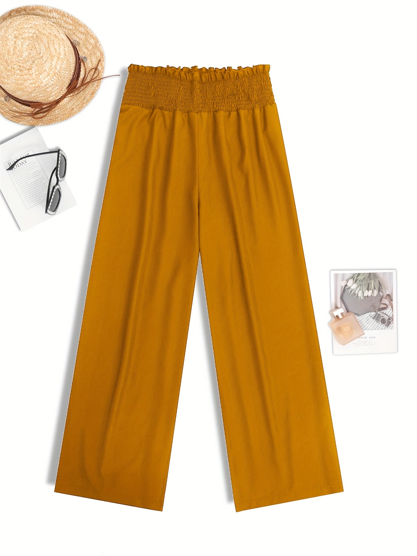  Wide Leg Pants Shirred Waist High Rise Solid Casual