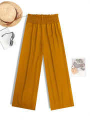  Wide Leg Pants Shirred Waist High Rise Solid Casual