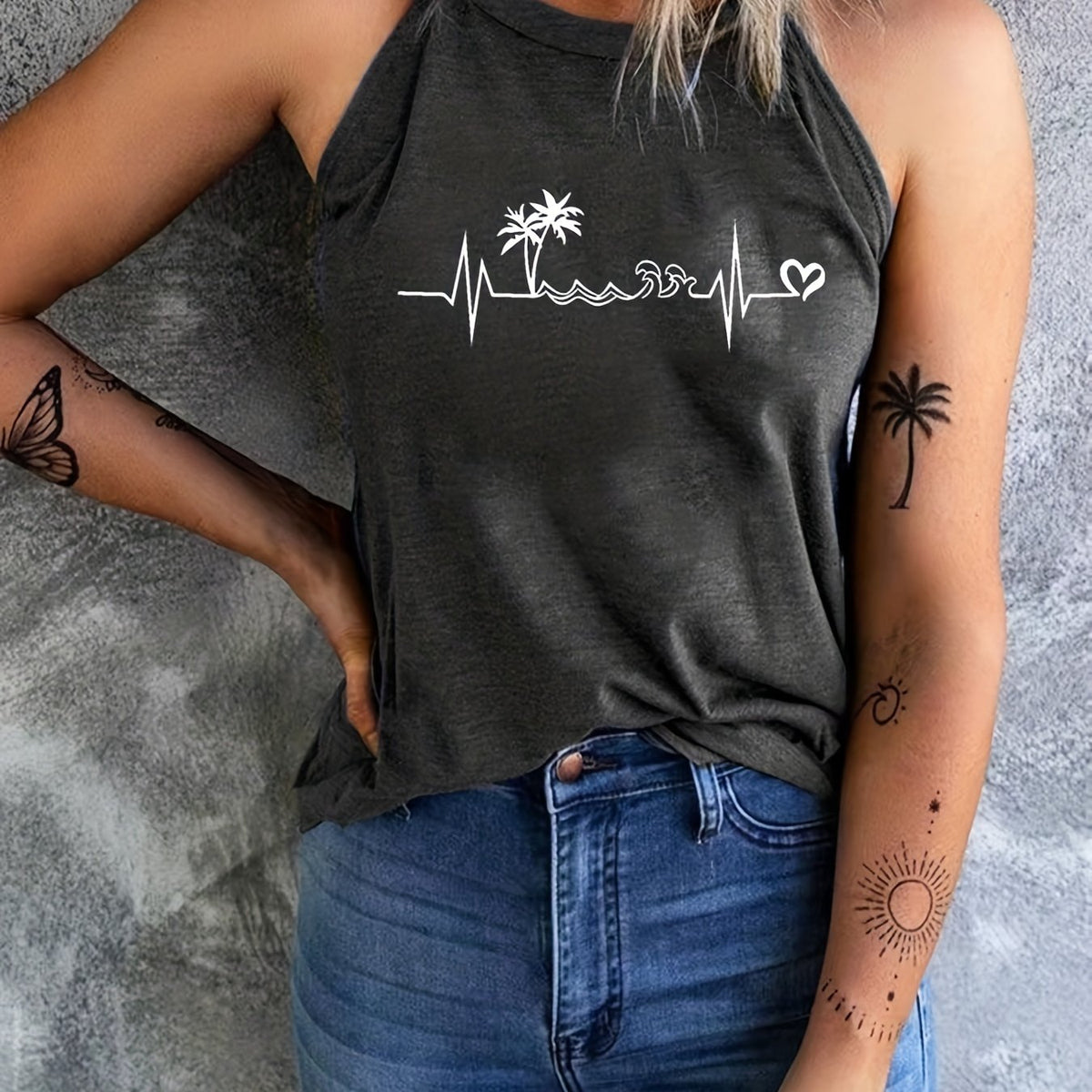 Coconut Tree Print Crew Neck Sleeveless Top