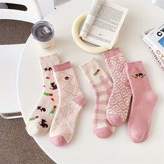 5 Pairs Geometric & Cartoon Pattern Socks Comfy Thickened Mid Tube Stockings