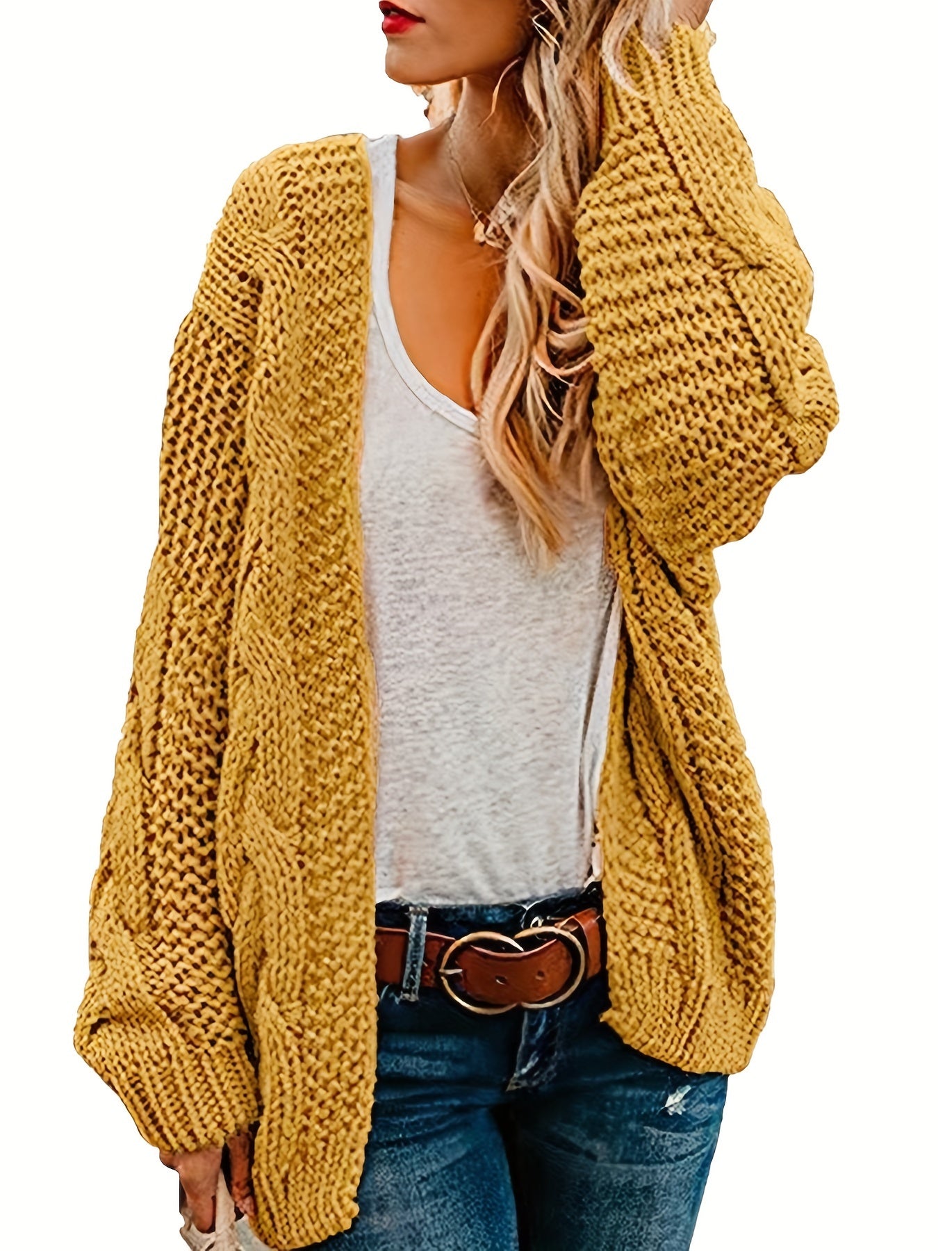 Women's Plus Size Solid Long Sleeve Open Front Knitted Cable Knit Cardigan