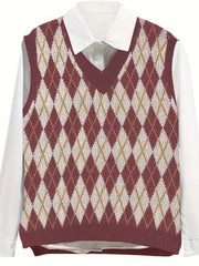  Preppy Knit Vest Women's Plus Argyle Print V Neck Knit Vest