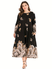  Leaf Print Maxi Dress Long Sleeve Round Neck Loose Fit
