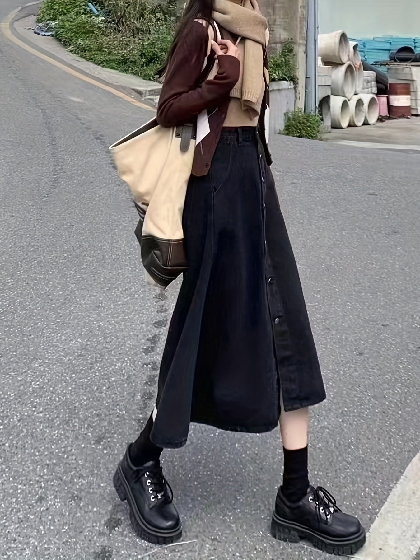 Solid Midi Denim Skirt Women's Denim Jeans