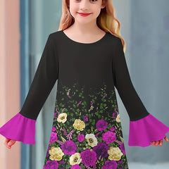 Girls Casual Splicing Flower Print Long Sleeve Dress