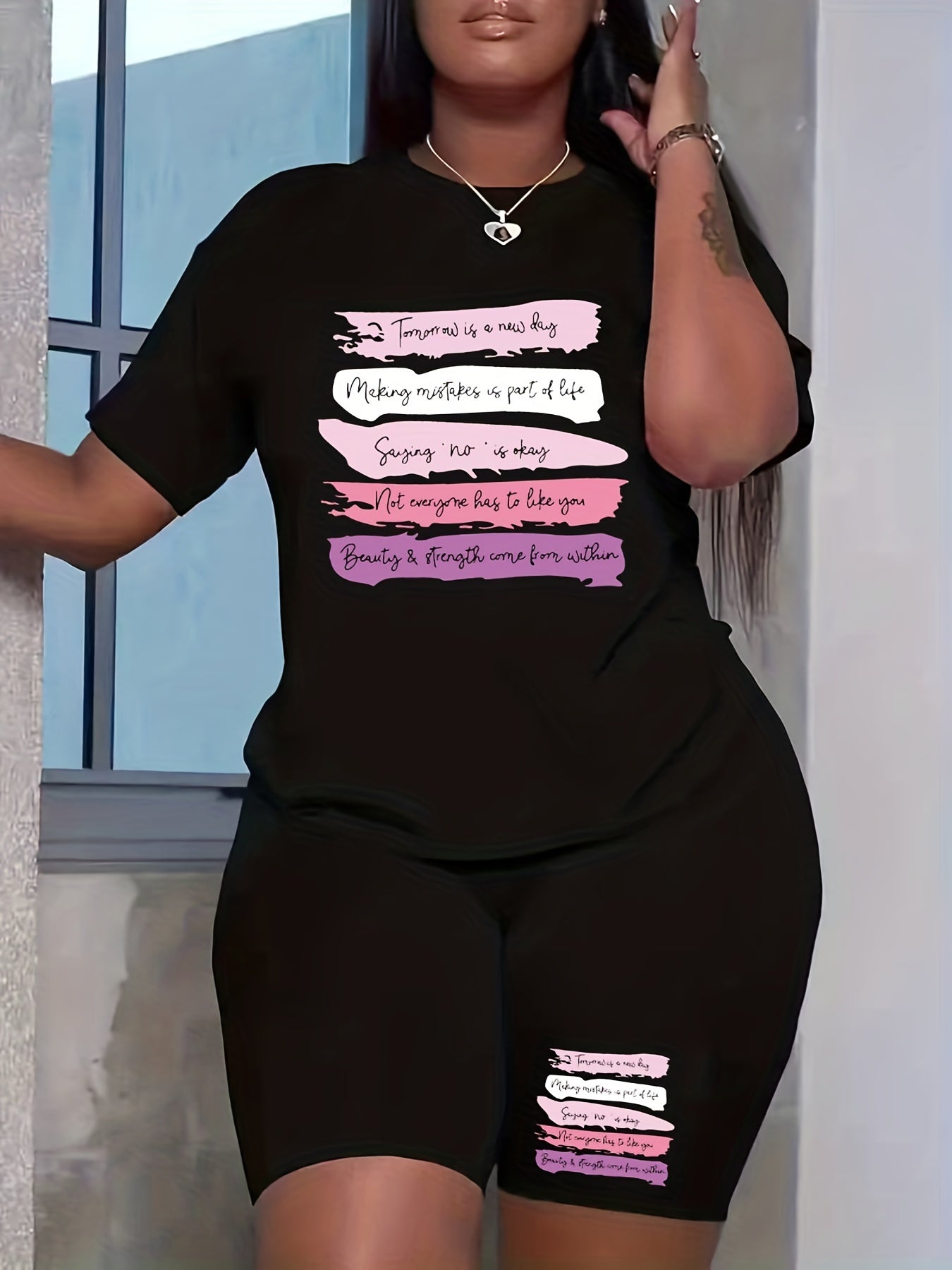  Colorful Stripe & Letter Print Crew Neck Top & Shorts Set
