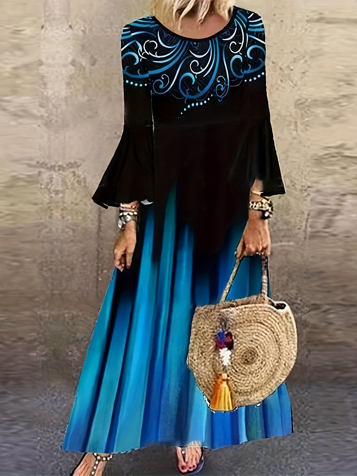  Baroque & Ombre Print Bell Sleeve Maxi Dress