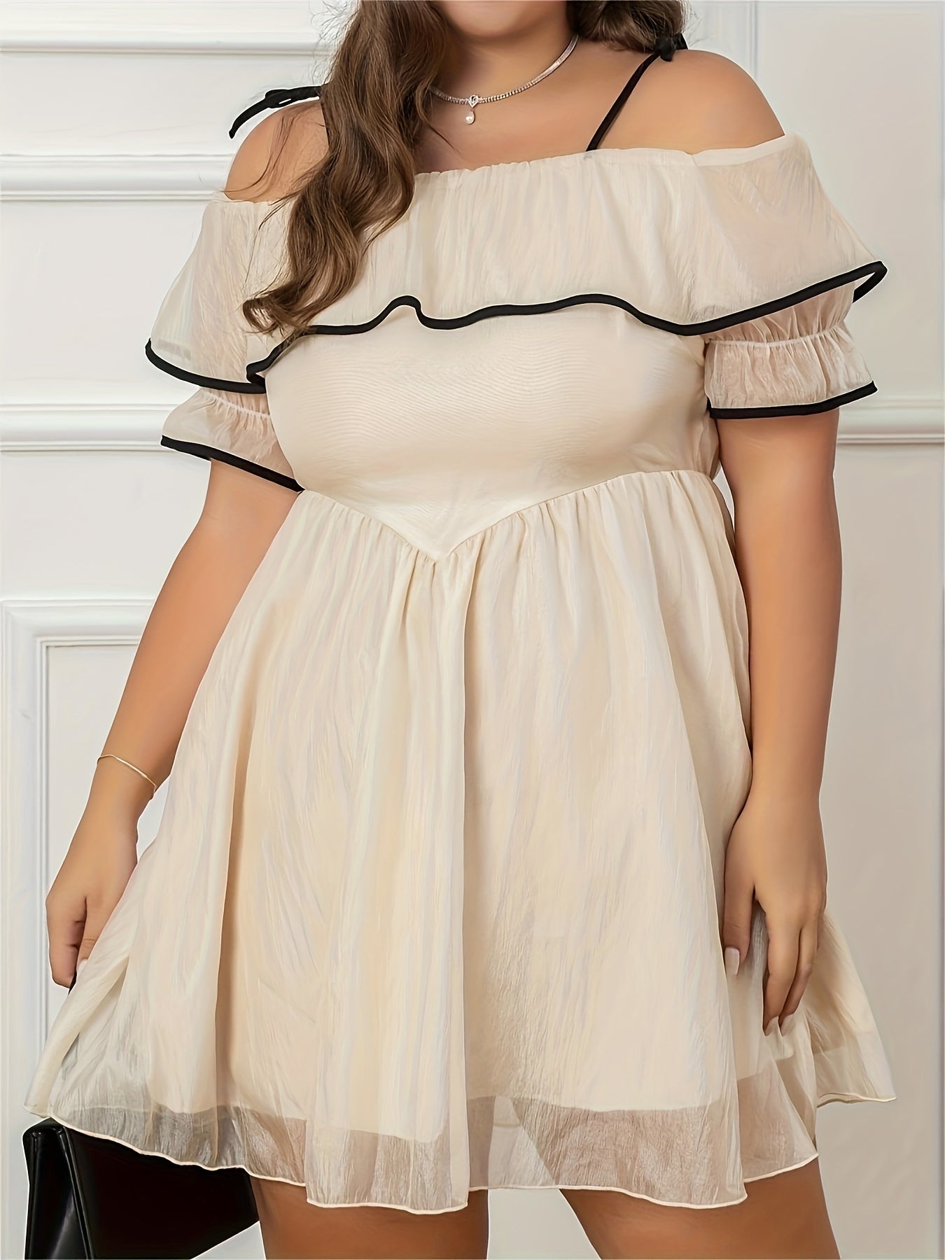  Cold Shoulder Ruffle Trim Layered Dress