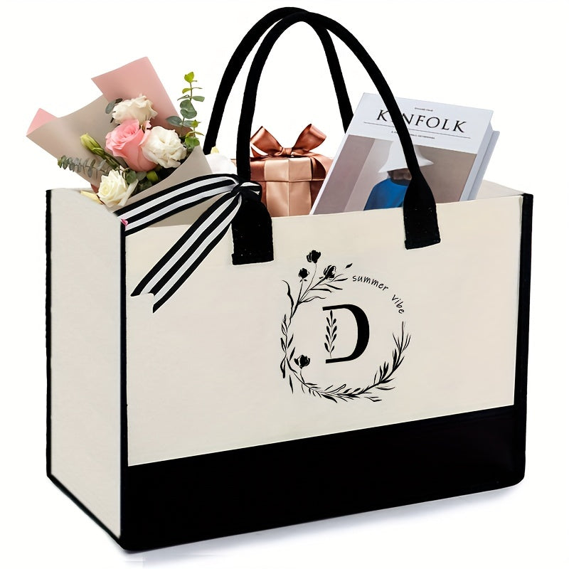 Personalized Canvas Tote Bag with Zipper Pocket Embroidered Monogram Letter D