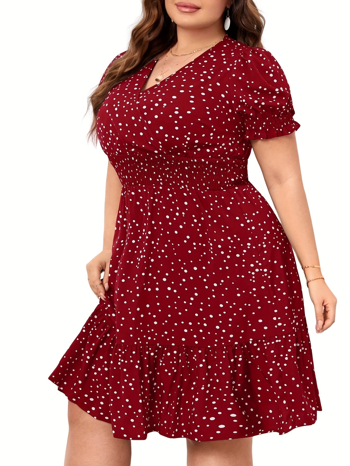  Dot Print Puff Sleeve V Neck Knee Length Dress