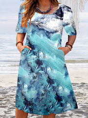 Marble Print Short Sleeve Dress with Pockets