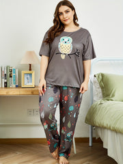  Owl Print Short Sleeve Top & Leaf Pants Pajama Set