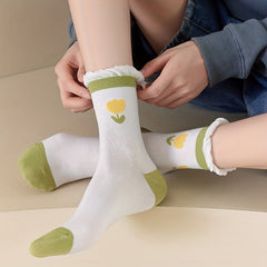 5 Pairs Floral & Bow Print Socks Comfy & Ruffle Mid Tube Socks Women's Stockings