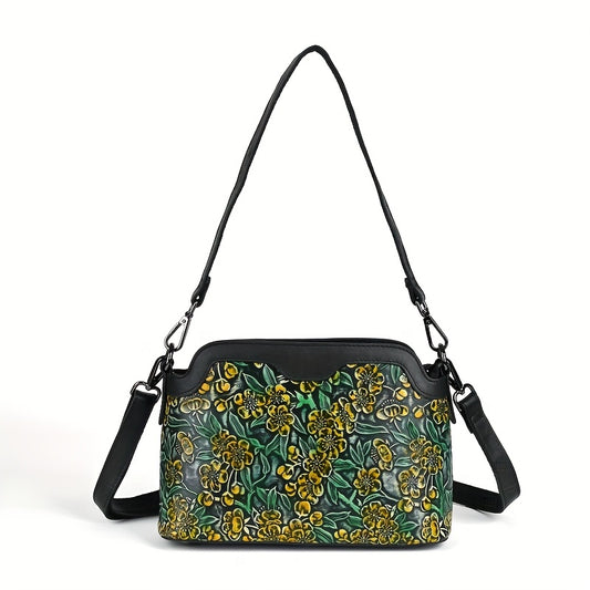 Floral Pattern Leather Crossbody Shoulder Bag Zipper Closure