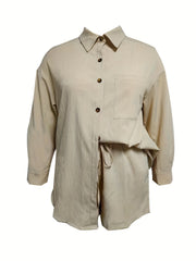  Long Sleeve Button Up Blouse & Shorts Set