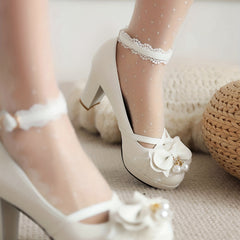 Women's Lolita Pumps Platform Heels Lace Bow Ankle Strap Block Heels