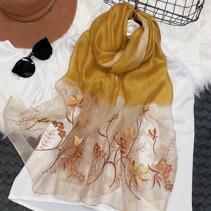 Silk Blend Scarf Flower Embroidery Shawl Breathable Windproof