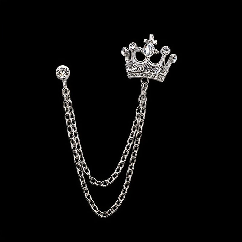 Men's Crystal Crown Tassel Brooch Pin Chain