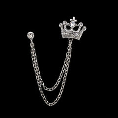 Men's Crystal Crown Tassel Brooch Pin Chain