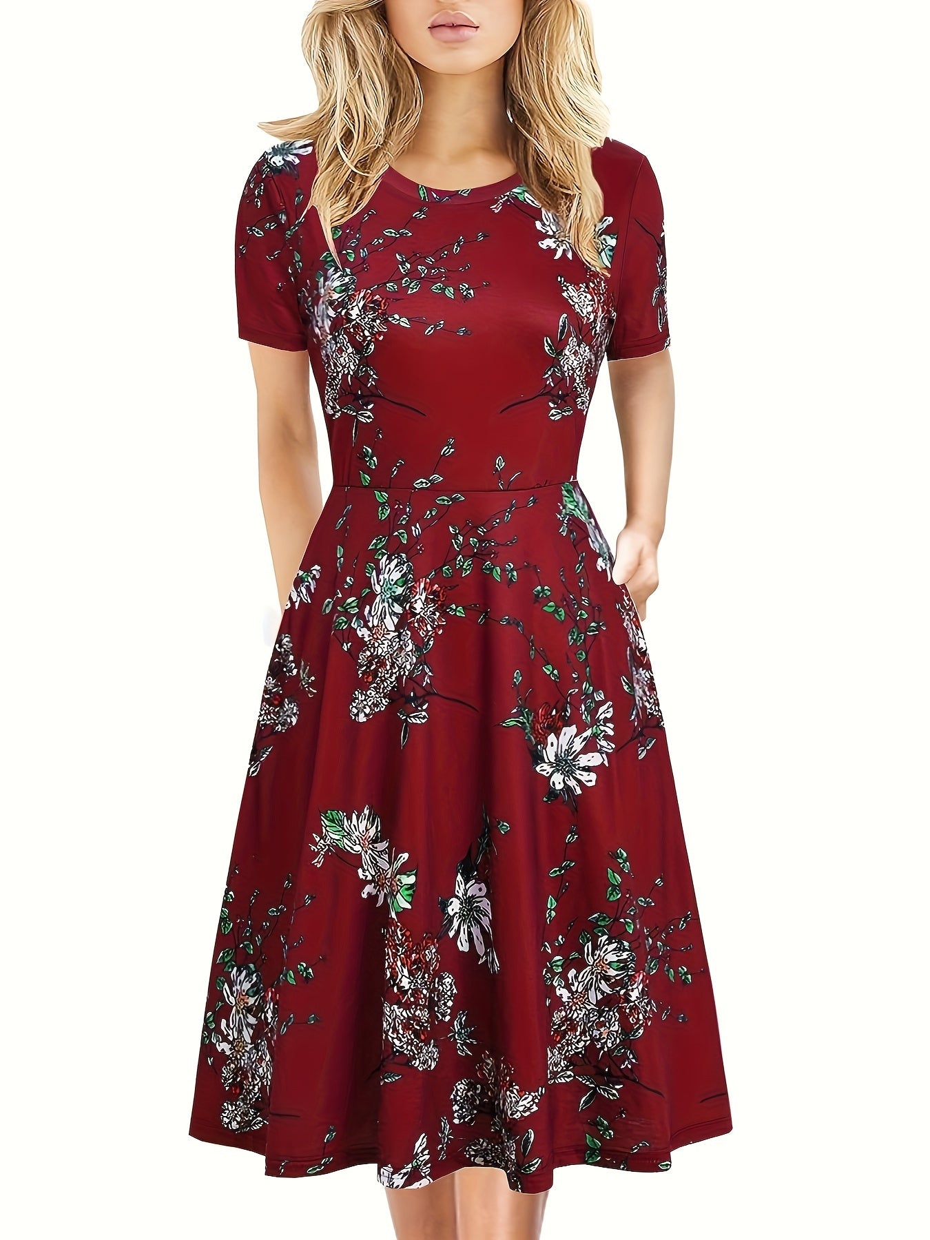  Floral Print Short Sleeve Midi Dress
