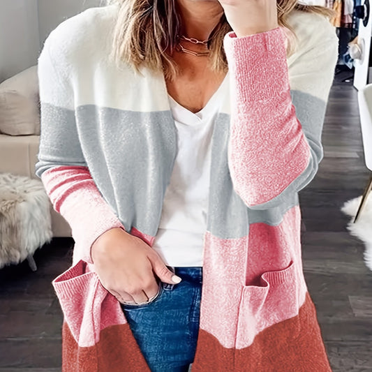  Colorblock Open Front Cardigan With Pockets