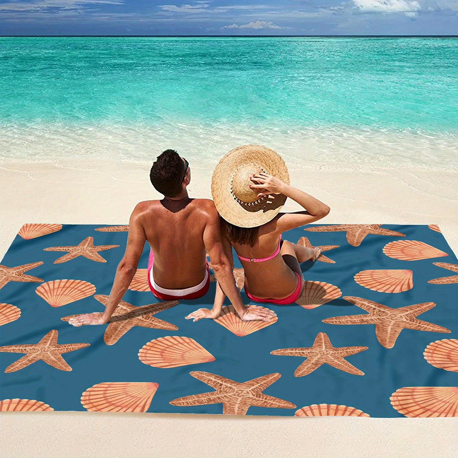 Waterproof Picnic Mat with Starfish and Shell Pattern for Camping