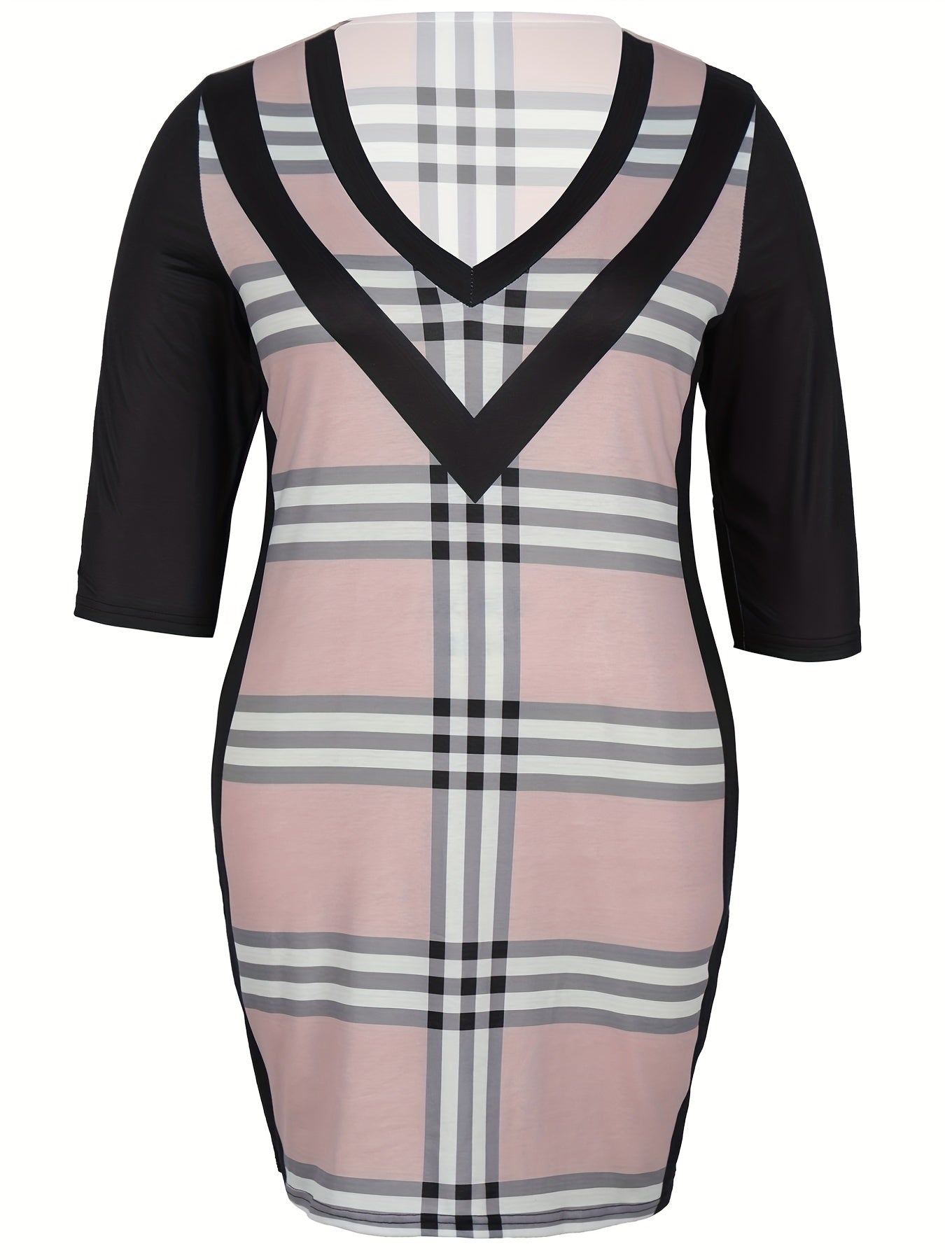  Colorblock Plaid Print Bodycon Midi Dress