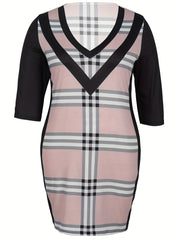  Colorblock Plaid Print Bodycon Midi Dress