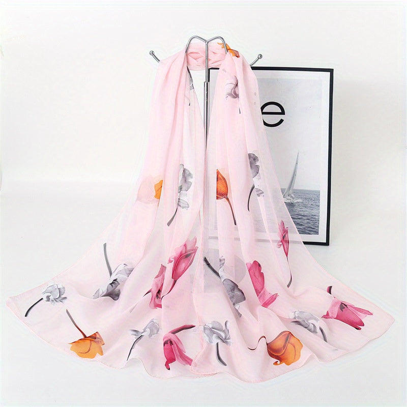 Rose Print Chiffon Scarf Thin Silk Head Wrap Casual Beach Towel