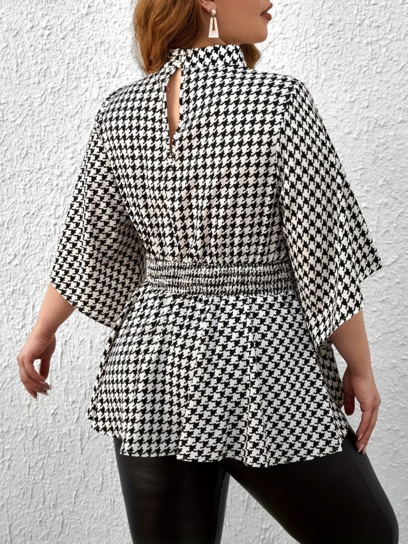  Houndstooth Print Nipped Waist Peplum Top