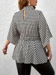  Houndstooth Print Nipped Waist Peplum Top