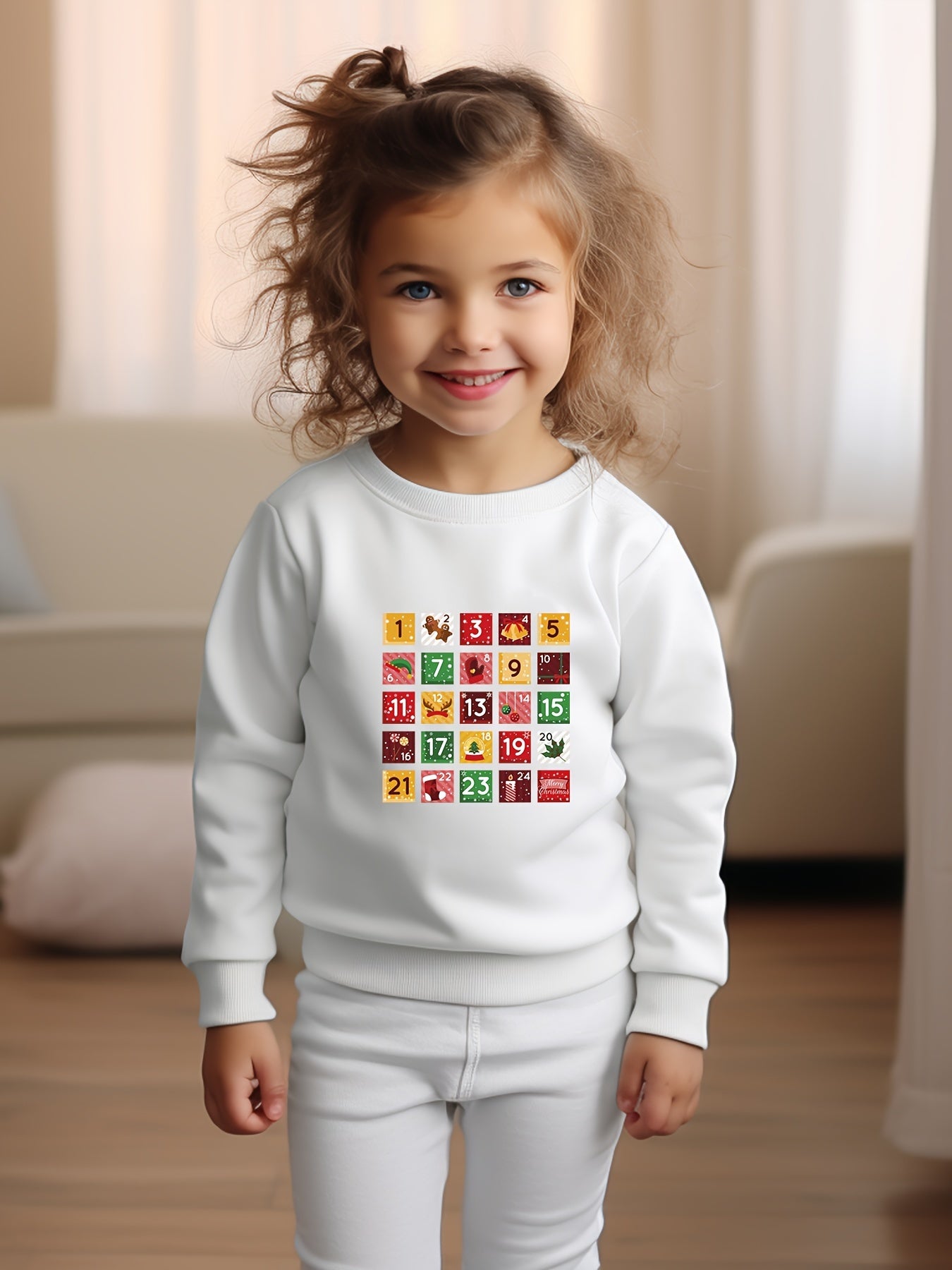 Girls Cartoon Number Pattern Crew Neck Sweatshirt