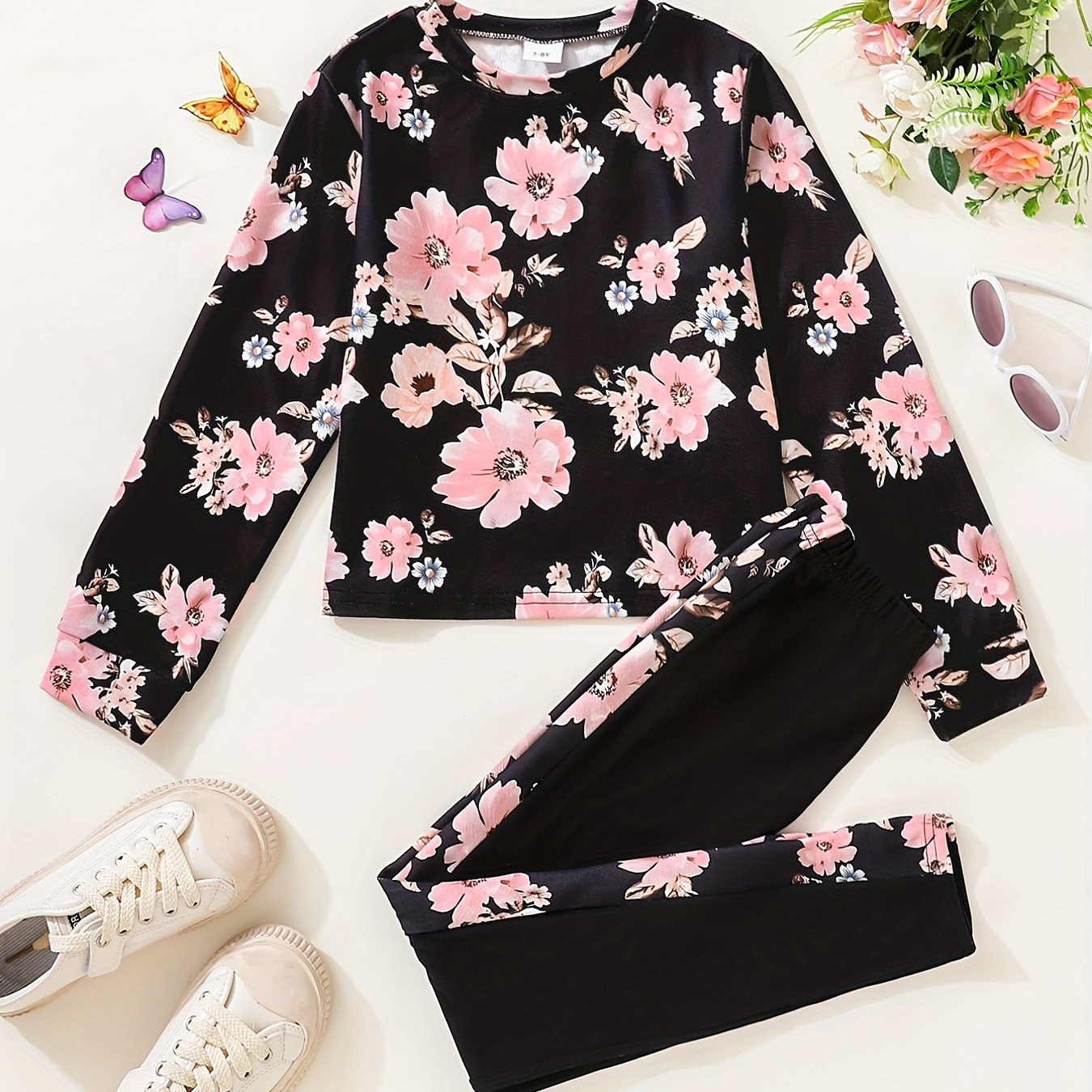 Girl's Floral 2pcs Sweatshirt & Leggings Set for Spring Fall