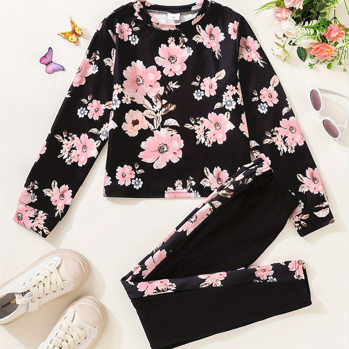 Girl's Floral 2pcs Sweatshirt & Leggings Set for Spring Fall