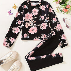 Girl's Floral 2pcs Sweatshirt & Leggings Set for Spring Fall