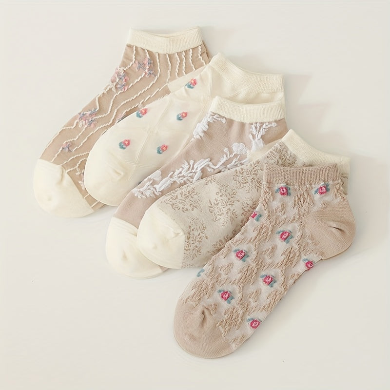 5 Pairs Floral Print Low Cut Ankle Socks Women's Stockings