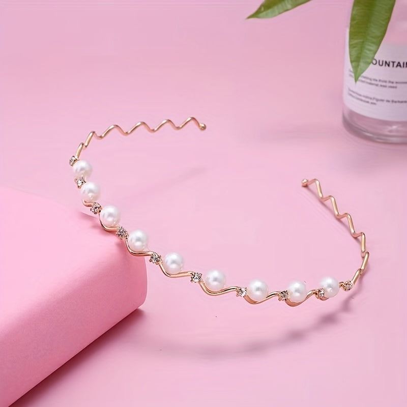 Faux Pearl Wavy Alloy Headband Rhinestone Hair Accessories
