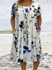 Floral Print Short Sleeve Plus Size Casual Dress with Pockets