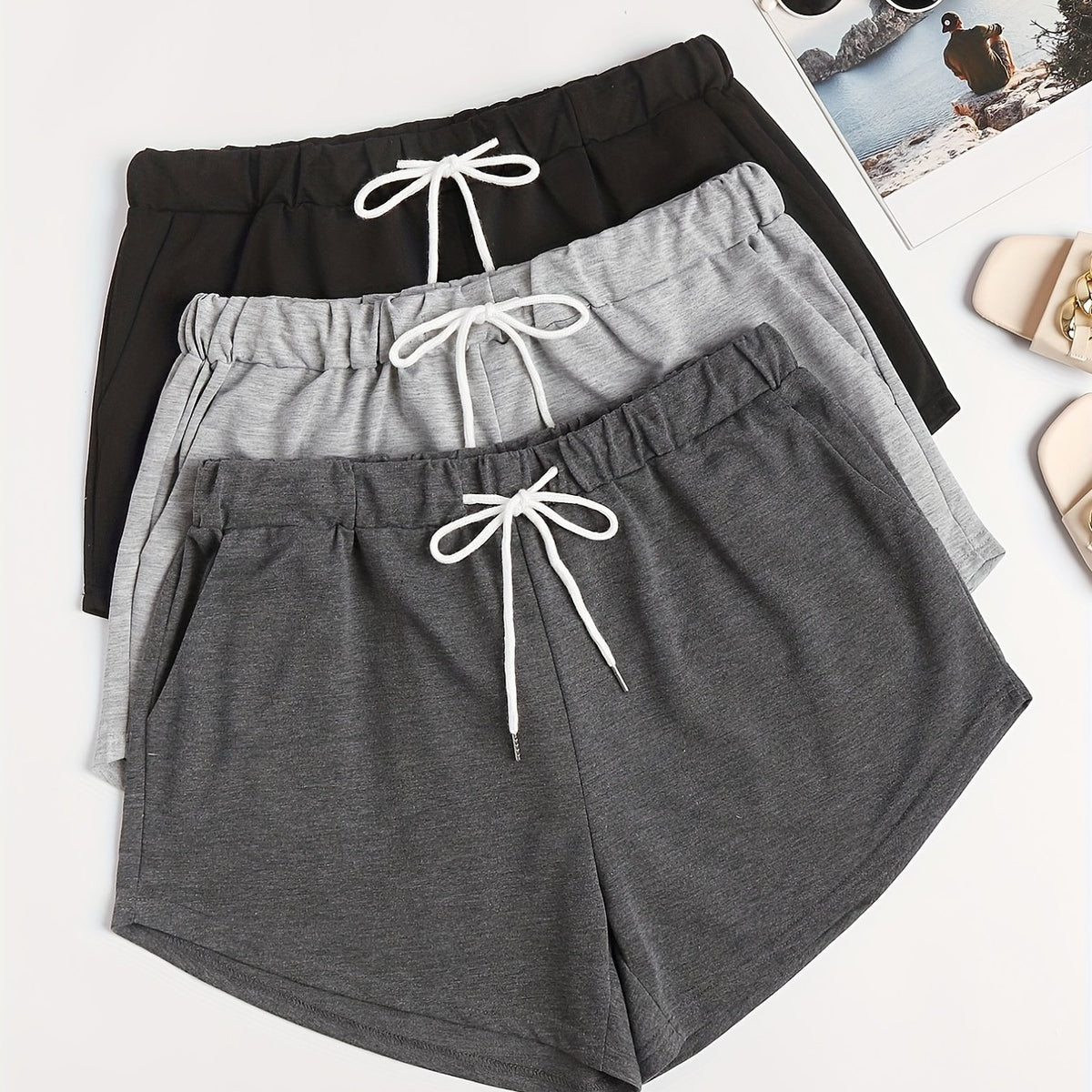 3 Pack Plus Size Basic Shorts Set Solid Plain Elastic Drawstring Shorts