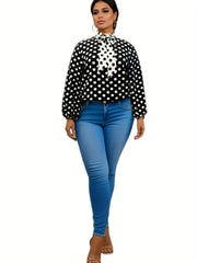  Colorblock Dot Print Lantern Sleeve Top
